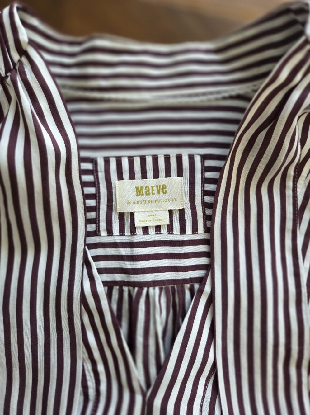 Maeve Anthropologie Tie-Neck Blouse Maroon Brown & White Vertical Stripes Large - Picture 4 of 11
